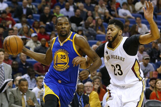 NEW ORLEANS, LA - OCTOBER 28: Kevin Durant #35 of the Golden State Warriors drives against Anthony Davis #23 of the New Orleans Pelicans during the second half of a game at Smoothie King Center on October 28, 2016 in New Orleans, Louisiana. NOTE TO USER: User expressly acknowledges and agrees that, by downloading and or using this photograph, User is consenting to the terms and conditions of the Getty Images License Agreement.  (Photo by Jonathan Bachman/Getty Images)