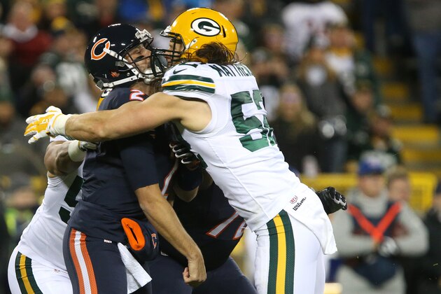 GREENBAY, WI - OCTOBER 20: Quarterback Brian Hoyer #2 of the Chicago Bears is hit by outside linebacker Clay Matthews #52 of the Green Bay Packers in the first quarter at Lambeau Field on October 20, 2016 in Green Bay, Wisconsin. (Photo by Dylan Buell/Getty Images)