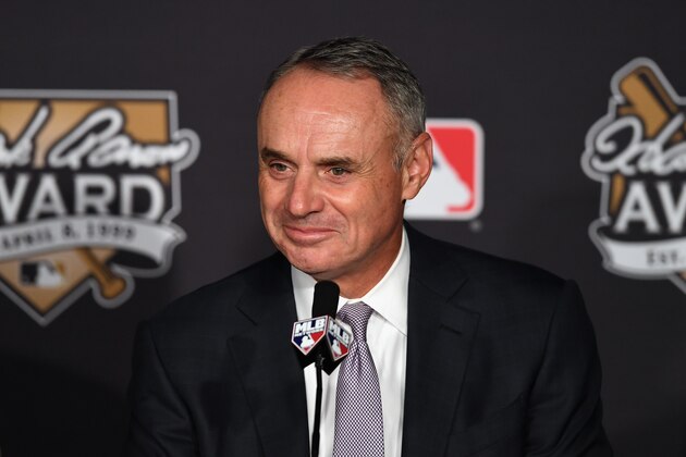 CLEVELAND, OH - OCTOBER 26:  Commissioner of Baseball Rob Manfred looks on during the 2016 Hank Aaron Award ceremony prior to Game Two of the 2016 World Series between the Chicago Cubs and the Cleveland Indians at Progressive Field on October 26, 2016 in Cleveland, Ohio.  (Photo by Jason Miller/Getty Images)