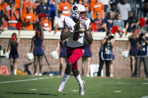 CHARLOTTESVILLE, VA - OCTOBER 29: Lamar Jackson #8 of the Louisville Cardinals looks for a pass during Louisville's game against the Virginia Cavaliers at Scott Stadium on October 29, 2016 in Charlottesville, Virginia. (Photo by Chet Strange/Getty Images) CHARLOTTESVILLE, VA - OCTOBER 29: Lamar Jackson #8 of the Louisville Cardinals looks for a pass during Louisville's game against the Virginia Cavaliers at Scott Stadium on October 29, 2016 in Charlottesville, Virginia. (Photo by Chet Strange/Getty Images)