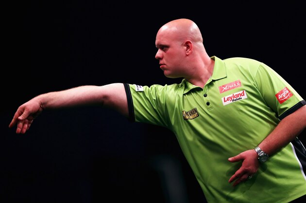 ROTTERDAM, NETHERLANDS - MAY 12:  Michael van Gerwen of the Netherlands plays a shot in his match against Phil 'The Power' Taylor of England during the Darts Betway Premier League Night 15 at Rotterdam Ahoy on May 12, 2016 in Rotterdam, .  (Photo by Dean Mouhtaropoulos/Getty Images)
