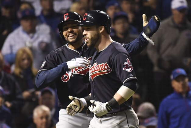 Oct 29, 2016; Chicago, IL, USA; Cleveland Indians left fielder Coco Crisp (left) celebrates with second baseman Jason Kipnis (right) after Kipnis hit a three-run home run against the Chicago Cubs during the seventh inning in game four of the 2016 World Series at Wrigley Field. Mandatory Credit: Tommy Gilligan-USA TODAY Sports