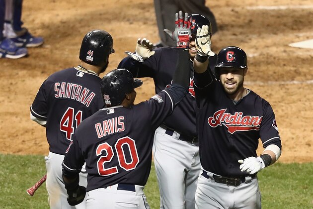 CHICAGO, IL - OCTOBER 29: Rajai Davis #20, Carlos Santana #41, and Coco Crisp #4 of the Cleveland Indians congratulate Jason Kipnis #22 after Kipnis hit a home run in the seventh inning against the Chicago Cubs in Game Four of the 2016 World Series at Wrigley Field on October 29, 2016 in Chicago, Illinois. (Photo by Elsa/Getty Images) CHICAGO, IL - OCTOBER 29: Rajai Davis #20, Carlos Santana #41, and Coco Crisp #4 of the Cleveland Indians congratulate Jason Kipnis #22 after Kipnis hit a home run in the seventh inning against the Chicago Cubs in Game Four of the 2016 World Series at Wrigley Field on October 29, 2016 in Chicago, Illinois. (Photo by Elsa/Getty Images)