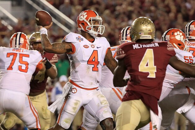 TALLAHASSEE, FL - OCTOBER 29:  Deshaun Watson #4 of the Clemson Tigers passes during a game against the Florida State Seminoles at Doak Campbell Stadium on October 29, 2016 in Tallahassee, Florida.  (Photo by Mike Ehrmann/Getty Images)
