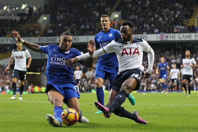 Leicester City's English defender Danny Simpson vies with Tottenham Hotspur's French midfielder Georges-Kevin N'Koudou during the English Premier League football match between Tottenham Hotspur and Leicester City at White Hart Lane in London, on October 29, 2016.
The game finished 1-1. / AFP / Ian KINGTON / RESTRICTED TO EDITORIAL USE. No use with unauthorized audio, video, data, fixture lists, club/league logos or 'live' services. Online in-match use limited to 75 images, no video emulation. No use in betting, games or single club/league/player publications.  /         (Photo credit should read IAN KINGTON/AFP/Getty Images)