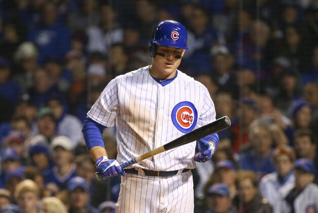 Oct 29, 2016; Chicago, IL, USA; Chicago Cubs first baseman Anthony Rizzo (44) reacts after striking out against the Cleveland Indians during the eighth inning in game four of the 2016 World Series at Wrigley Field. Mandatory Credit: Jerry Lai-USA TODAY Sports Oct 29, 2016; Chicago, IL, USA; Chicago Cubs first baseman Anthony Rizzo (44) reacts after striking out against the Cleveland Indians during the eighth inning in game four of the 2016 World Series at Wrigley Field. Mandatory Credit: Jerry Lai-USA TODAY Sports