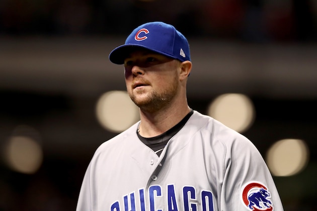 CLEVELAND, OH - OCTOBER 25:  Jon Lester #34 of the Chicago Cubs looks on against the Cleveland Indians in Game One of the 2016 World Series at Progressive Field on October 25, 2016 in Cleveland, Ohio.  (Photo by Elsa/Getty Images)