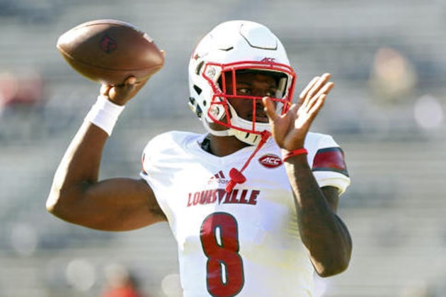 Louisville quarterback Lamar Jackson (8) throws a pass during warmups before an NCAA college football game against Virginia on Saturday, Oct. 29, 2016 in Charlottesville, Va. (AP Photo/Ryan M. Kelly)
