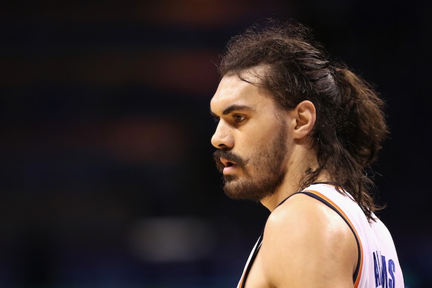 OKLAHOMA CITY, OK - MAY 28:  Steven Adams #12 of the Oklahoma City Thunder looks on during the first half against the Golden State Warriors in game six of the Western Conference Finals during the 2016 NBA Playoffs at Chesapeake Energy Arena on May 28, 2016 in Oklahoma City, Oklahoma. NOTE TO USER: User expressly acknowledges and agrees that, by downloading and or using this photograph, User is consenting to the terms and conditions of the Getty Images License Agreement.  (Photo by Maddie Meyer/Getty Images)