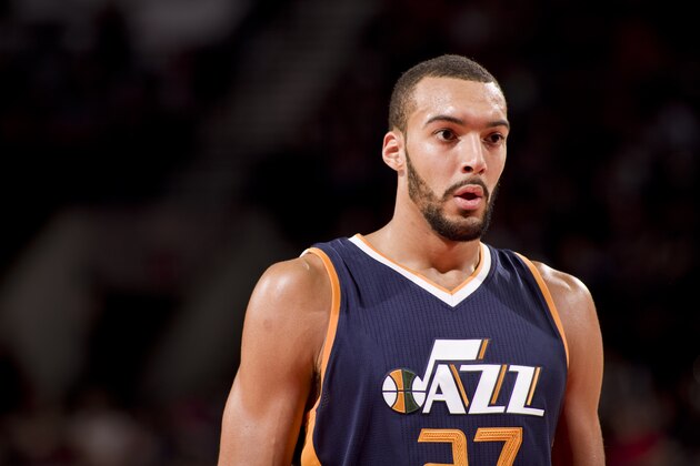 PORTLAND, OR - OCTOBER 3: Rudy Gobert #27 of the Utah Jazz looks on during the game against the Portland Trail Blazers on October 3, 2016 at the Moda Center Arena in Portland, Oregon. NOTE TO USER: User expressly acknowledges and agrees that, by downloading and or using this photograph, user is consenting to the terms and conditions of the Getty Images License Agreement. Mandatory Copyright Notice: Copyright 2016 NBAE (Photo by Cameron Browne/NBAE via Getty Images)