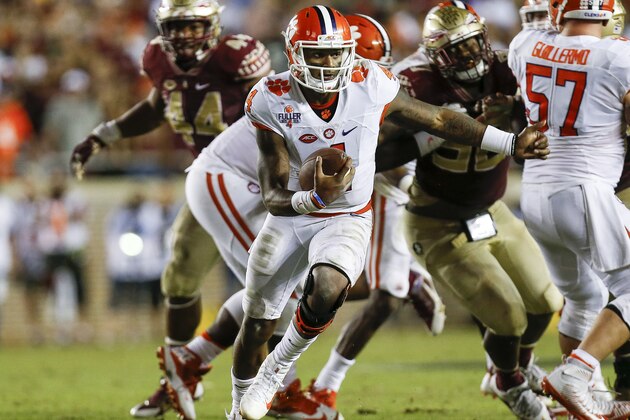 TALLAHASSEE, FL - OCTOBER 29: Quarterback Deshaun Watson #4 of the Clemson Tigers on a run play during the game against the Florida State Seminoles at Doak Campbell Stadium on Bobby Bowden Field on October 29, 2016 in Tallahassee, Florida. Clemson defeated Florida State 37 to 34. (Photo by Don Juan Moore/Getty Images)