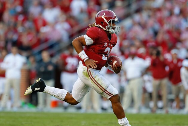 TUSCALOOSA, AL - OCTOBER 22:  Jalen Hurts #2 of the Alabama Crimson Tide rushes for a touchdown against the Texas A&M Aggies at Bryant-Denny Stadium on October 22, 2016 in Tuscaloosa, Alabama.  (Photo by Kevin C. Cox/Getty Images)