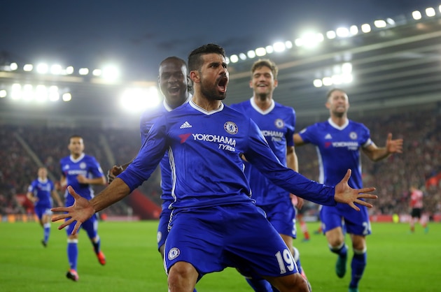 SOUTHAMPTON, ENGLAND - OCTOBER 30: Diego Costa of Chelsea celebrates after scoring to make it 0-2 during the Premier League match between Southampton and Chelsea at St Mary's Stadium on October 30, 2016 in Southampton, England. (Photo by Catherine Ivill - AMA/Getty Images)