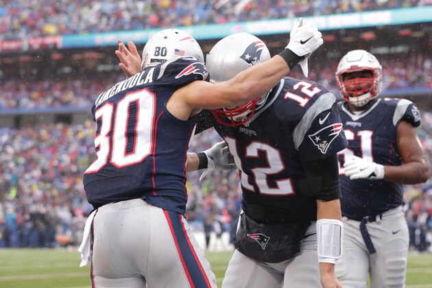 BUFFALO, NY - OCTOBER 30:   Danny Amendola #80 of the New England Patriots celebrates his touchdown with  Tom Brady #12 of the New England Patriots against the Buffalo Bills during the first half at New Era Field on October 30, 2016 in Buffalo, New York.  (Photo by Brett Carlsen/Getty Images)
