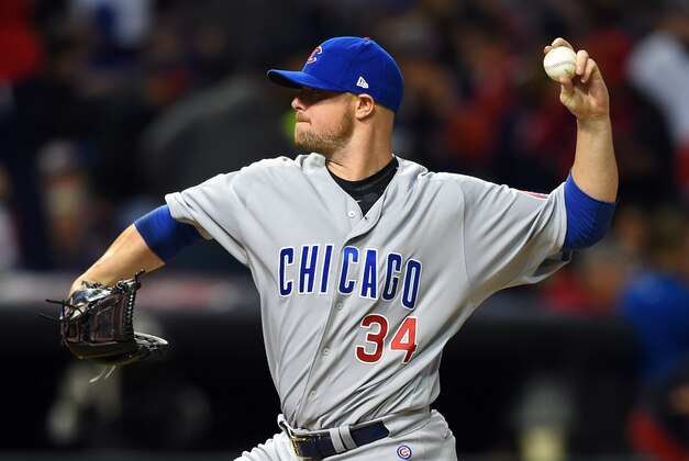 Oct 25, 2016; Cleveland, OH, USA; Chicago Cubs starting pitcher Jon Lester throws a pitch against the Cleveland Indians in the first inning in game one of the 2016 World Series at Progressive Field. Mandatory Credit: Tommy Gilligan-USA TODAY Sports