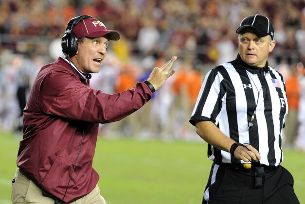 Oct 29, 2016; Tallahassee, FL, USA;  Florida State Seminoles head coach Jimbo Fisher speaks with the referees during the  game against the Clemson Tigers at Doak Campbell Stadium. Mandatory Credit: Melina Vastola-USA TODAY Sports