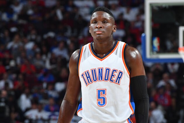 PHILADELPHIA,PA - OCTOBER 26:  Victor Oladipo #5 of the Oklahoma City Thunder looks on against Philadelphia 76ers during game at the Wells Fargo Center on October 26, 2016 in Philadelphia, Pennsylvania NOTE TO USER: User expressly acknowledges and agrees that, by downloading and/or using this Photograph, user is consenting to the terms and conditions of the Getty Images License Agreement. Mandatory Copyright Notice: Copyright 2016 NBAE (Photo by Jesse D. Garrabrant/NBAE via Getty Images)