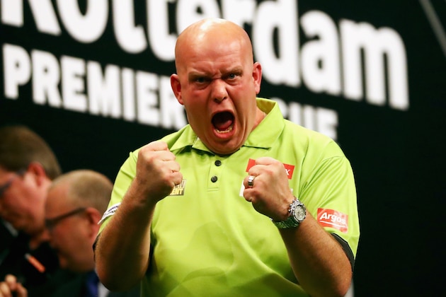 ROTTERDAM, NETHERLANDS - MAY 12:  Michael van Gerwen of the Netherlands celebrates victory in his match against Phil 'The Power' Taylor of England during the Darts Betway Premier League Night 15 at Rotterdam Ahoy on May 12, 2016 in Rotterdam, .  (Photo by Dean Mouhtaropoulos/Getty Images)
