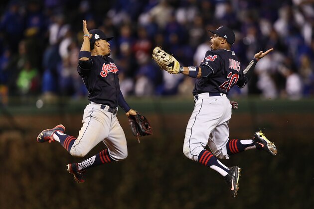 CHICAGO, IL - OCTOBER 29:  Francisco Lindor #12 and Rajai Davis #20 of the Cleveland Indians celebrate after beating the Chicago Cubs 7-2 in Game Four of the 2016 World Series at Wrigley Field on October 29, 2016 in Chicago, Illinois.  (Photo by Ezra Shaw/Getty Images)
