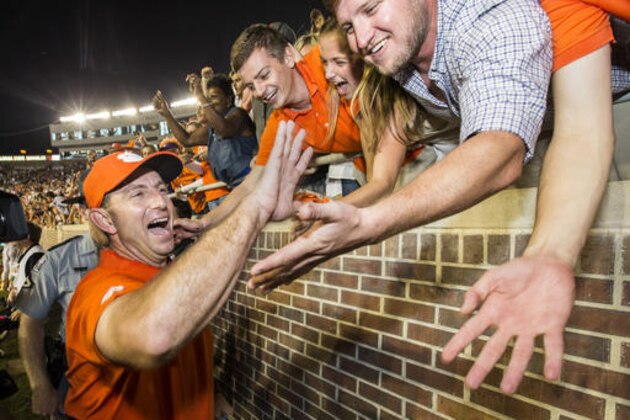 Clemson coach Dabo Swinney celebrates the team's 37-34 win over Florida State in an NCAA college football game in Tallahassee, Fla., Saturday, Oct. 29, 2016. (AP Photo/Mark Wallheiser)