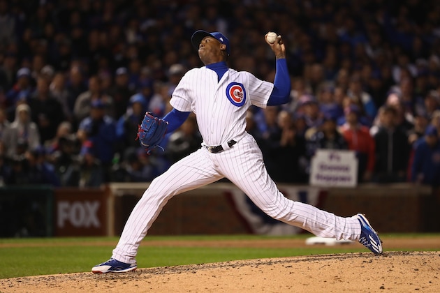 CHICAGO, IL - OCTOBER 30:  Aroldis Chapman #54 of the Chicago Cubs pitches in the seventh inning against the Cleveland Indians in Game Five of the 2016 World Series at Wrigley Field on October 30, 2016 in Chicago, Illinois.  (Photo by Elsa/Getty Images)