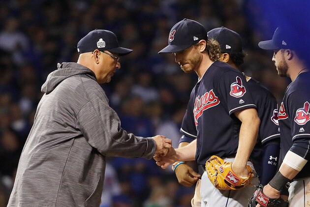 CHICAGO, IL - OCTOBER 28:  Manager Terry Francona of the Cleveland Indians relieved Josh Tomlin #43 in the fifth inning against the Chicago Cubs in Game Three of the 2016 World Series at Wrigley Field on October 28, 2016 in Chicago, Illinois.  (Photo by Jamie Squire/Getty Images)