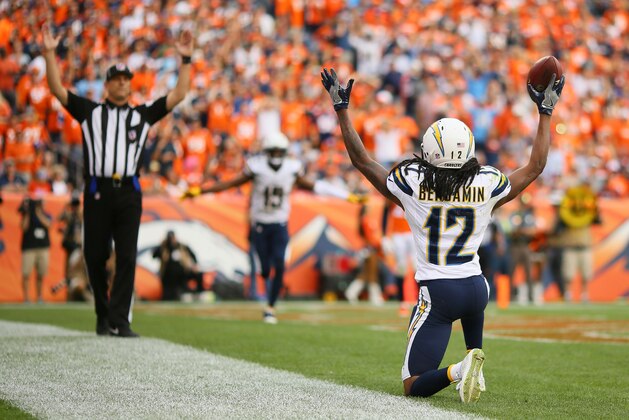 DENVER, CO - OCTOBER 30:  Wide receiver Travis Benjamin #12 of the San Diego Chargers celebrates a touchdown in the third quarter of the game against the Denver Broncos at Sports Authority Field at Mile High on October 30, 2016 in Denver, Colorado. (Photo by Justin Edmonds/Getty Images)