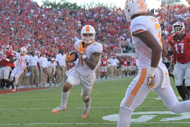 Oct 1, 2016; Athens, GA, USA; Tennessee Volunteers running back Jalen Hurd (1) scores a touchdown against the Georgia Bulldogs during the second half at Sanford Stadium. Tennessee defeated Georgia 34-31. Mandatory Credit: Dale Zanine-USA TODAY Sports