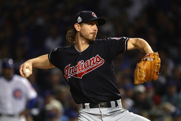 CHICAGO, IL - OCTOBER 28:  Josh Tomlin #43 of the Cleveland Indians pitches in the first inning against the Chicago Cubs in Game Three of the 2016 World Series at Wrigley Field on October 28, 2016 in Chicago, Illinois.  (Photo by Jonathan Daniel/Getty Images)