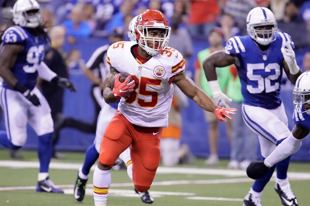 INDIANAPOLIS, IN - OCTOBER 30:  Charcandrick West #35 of the Kansas City Chiefs runs with the ball during the third quarter of the game against the Indianapolis Colts at Lucas Oil Stadium on October 30, 2016 in Indianapolis, Indiana.  (Photo by Andy Lyons/Getty Images)