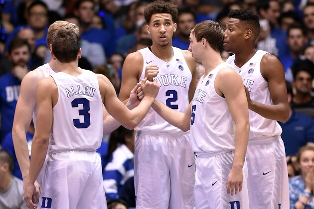 DURHAM, NC - OCTOBER 28: Jack White #41, Grayson Allen #3, Chase Jeter #2, Luke Kennard #5 and Javin DeLaurier #12 of the Duke Blue Devils huddle during their game against the Virginia State Trojans at Cameron Indoor Stadium on October 28, 2016 in Durham, North Carolina. (Photo by Lance King/Getty Images)