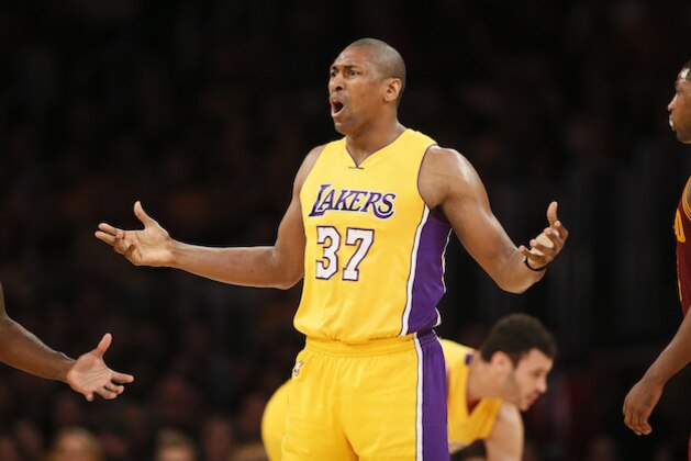 Los Angeles Lakers' Metta World Peace reacts to a foul call against his team against the Cleveland Cavaliers during the second half of an NBA basketball game, Thursday, March 10, 2016, in Los Angeles. The Cavaliers won 120-108. (AP Photo/Danny Moloshok)