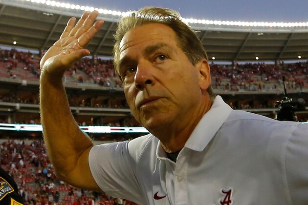 TUSCALOOSA, AL - OCTOBER 22:  Head coach Nick Saban of the Alabama Crimson Tide reacts after their 33-14 win over the Texas A&M Aggies at Bryant-Denny Stadium on October 22, 2016 in Tuscaloosa, Alabama.  (Photo by Kevin C. Cox/Getty Images)