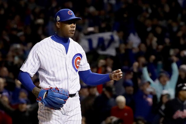 CHICAGO, IL - OCTOBER 30:  Aroldis Chapman #54 of the Chicago Cubs celebrates after beating the Cleveland Indians 3-2 in Game Five of the 2016 World Series at Wrigley Field on October 30, 2016 in Chicago, Illinois.  (Photo by Jonathan Daniel/Getty Images)