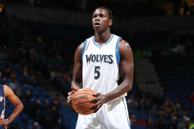 MINNEAPOLIS, MN -  OCTOBER 19:  Gorgui Dieng #5 of the Minnesota Timberwolves shoots a free throw during a preseason game against the Memphis Grizzlies on October 19, 2016 at Target Center in Minneapolis, Minnesota. NOTE TO USER: User expressly acknowledges and agrees that, by downloading and or using this photograph, user is consenting to the terms and conditions of the Getty Images License Agreement. Mandatory Copyright Notice: Copyright 2016 NBAE (Photo by David Sherman/NBAE via Getty Images)