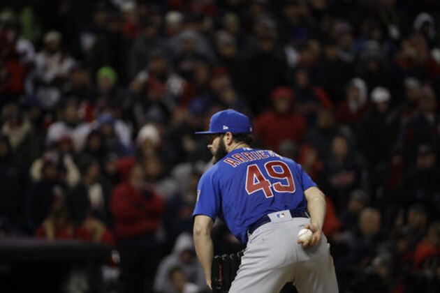 Chicago Cubs starting pitcher Jake Arrieta throws during the sixth inning of Game 2 of the Major League Baseball World Series against the Cleveland Indians Wednesday, Oct. 26, 2016, in Cleveland. (AP Photo/David J. Phillip)