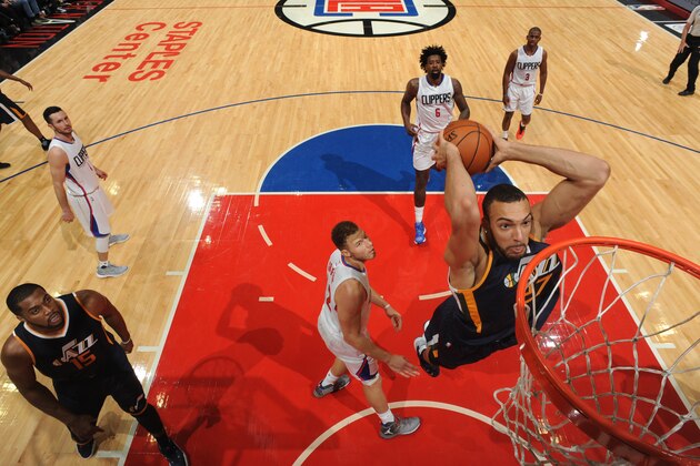 LOS ANGELES, CA - OCTOBER 30: Rudy Gobert #27 of the Utah Jazz dunks against Los Angeles Clippers on October 30, 2016 at STAPLES Center in Los Angeles, California. NOTE TO USER: User expressly acknowledges and agrees that, by downloading and/or using this Photograph, user is consenting to the terms and conditions of the Getty Images License Agreement. Mandatory Copyright Notice: Copyright 2016 NBAE (Photo by Andrew D. Bernstein/NBAE via Getty Images)
