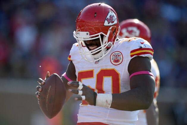 MINNEAPOLIS, MN - OCTOBER 18: Justin Houston #50 of the Kansas City Chiefs reacts after a near interception against the Minnesota Vikings during the third quarter of the game on October 18, 2015 at TCF Bank Stadium in Minneapolis, Minnesota. The Vikings defeated the Chiefs 16-10. (Photo by Hannah Foslien/Getty Images)