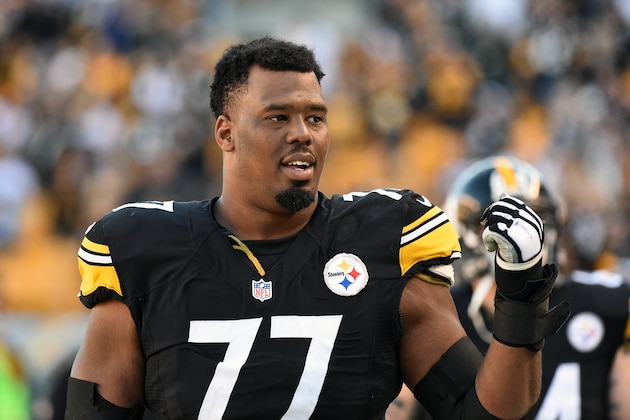 PITTSBURGH, PA - NOVEMBER 15:  Offensive lineman Marcus Gilbert #77 of the Pittsburgh Steelers looks on from the sideline during a game against the Cleveland Browns at Heinz Field on November 15, 2015 in Pittsburgh, Pennsylvania.  The Steelers defeated the Browns 30-9. (Photo by George Gojkovich/Getty Images)
