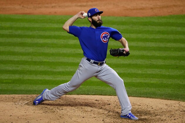 CLEVELAND, OH - OCTOBER 26:  Jake Arrieta #49 of the Chicago Cubs throws a pitch during the sixth inning against the Cleveland Indians in Game Two of the 2016 World Series at Progressive Field on October 26, 2016 in Cleveland, Ohio.  (Photo by Jamie Squire/Getty Images)