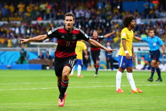 BELO HORIZONTE, BRAZIL - JULY 08:  Miroslav Klose of Germany celebrates scoring his team's second goal during the 2014 FIFA World Cup Brazil Semi Final match between Brazil and Germany at Estadio Mineirao on July 8, 2014 in Belo Horizonte, Brazil.  (Photo by Robert Cianflone/Getty Images)