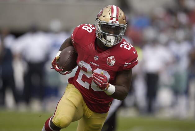 Oct 2, 2016; Santa Clara, CA, USA; San Francisco 49ers running back Carlos Hyde (28) runs the ball during the second quarter against the Dallas Cowboys at Levi's Stadium. Mandatory Credit: Kelvin Kuo-USA TODAY Sports