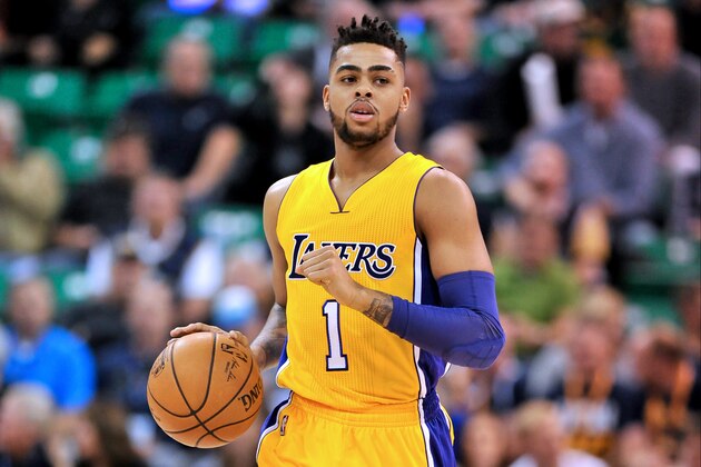 SALT LAKE CITY, UT - OCTOBER 28: D'Angelo Russell #1 of the Los Angeles Lakers controls the ball during their game against the Utah Jazz at Vivint Smart Home Arena on October 28, 2016 in Salt Lake City, Utah. NOTE TO USER: User expressly acknowledges and agrees that, by downloading and or using this photograph, User is consenting to the terms and conditions of the Getty Images License Agreement. (Photo by Gene Sweeney Jr/Getty Images)