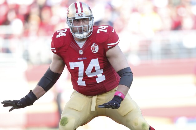 SANTA CLARA, CA - OCTOBER 23: Joe Staley #74 of the San Francisco 49ers blocks during the game against the Tampa Bay Buccaneers at Levi Stadium on October 23, 2016 in Santa Clara, California. The Buccaneers defeated the 49ers 34-17. (Photo by Michael Zagaris/San Francisco 49ers/Getty Images)