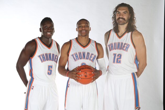 OKLAHOMA CITY, OK - SEPTEMBER 23:  Victor Oladipo #5, Russell Westbrook #0, and Steven Adams #12 of the Oklahoma City Thunder pose for a portrait during 2016 NBA Media Day on September 23, 2016 at the Chesapeake Energy Arena in Oklahoma City, Oklahoma. NOTE TO USER: User expressly acknowledges and agrees that, by downloading and or using this Photograph, user is consenting to the terms and conditions of the Getty Images License Agreement. Mandatory Copyright Notice: Copyright 2016 NBAE (Photo by Layne Murdoch/NBAE via Getty Images)