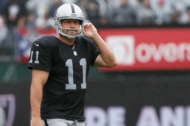 OAKLAND, CA - OCTOBER 16:  Sebastian Janikowski #11 of the Oakland Raiders reacts after missing a 52-yard field goal against the Kansas City Chiefs during their NFL game at Oakland-Alameda County Coliseum on October 16, 2016 in Oakland, California.  (Photo by Brian Bahr/Getty Images)