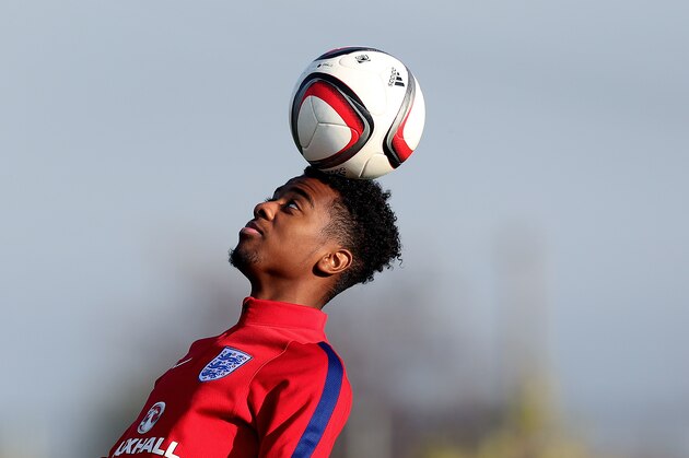 BUFTEA, ROMANIA - OCTOBER 29: Angel Gomes of England heads the ball during the U17 England Training Session at Football Centre FRF on October 29, 2016 in Buftea, Romania. (Photo by Ronny Hartmann/Getty Images)