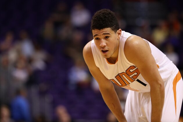 PHOENIX, AZ - OCTOBER 05:  Devin Booker #1 of the Phoenix Suns during the preseason NBA game against the Utah Jazz at Talking Stick Resort Arena on October 5, 2016 in Phoenix, Arizona.  NOTE TO USER: User expressly acknowledges and agrees that, by downloading and or using this photograph, User is consenting to the terms and conditions of the Getty Images License Agreement.  (Photo by Christian Petersen/Getty Images)