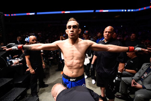 SIOUX FALLS, SD - JULY 13:   Tony Ferguson prepares to enter the Octagon before facing Lando Vannat in their lightweight bout during the UFC Fight Night event on July 13, 2016 at Denny Sanford Premier Center in Sioux Falls, South Dakota. (Photo by Jeff Bottari/Zuffa LLC/Zuffa LLC via Getty Images)