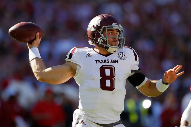 TUSCALOOSA, AL - OCTOBER 22:  Trevor Knight #8 of the Texas A&M Aggies looks to pass against the Alabama Crimson Tide at Bryant-Denny Stadium on October 22, 2016 in Tuscaloosa, Alabama.  (Photo by Kevin C. Cox/Getty Images)